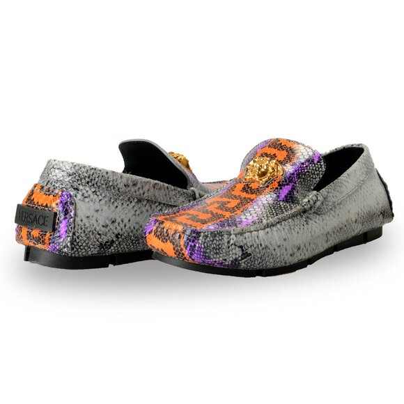 Versace Men\'s Python Print Leather Gold Medusa Drivers Car Shoes US 10 IT 43